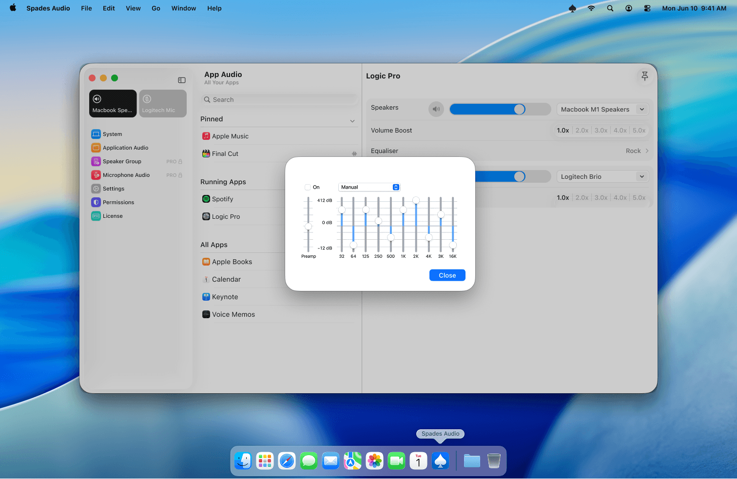 10-band equalizer interface with frequency sliders from Prescan to 16K