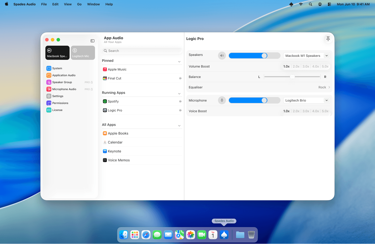 Per-app audio controls showing volume, balance, boost, and mic settings for Logic Pro