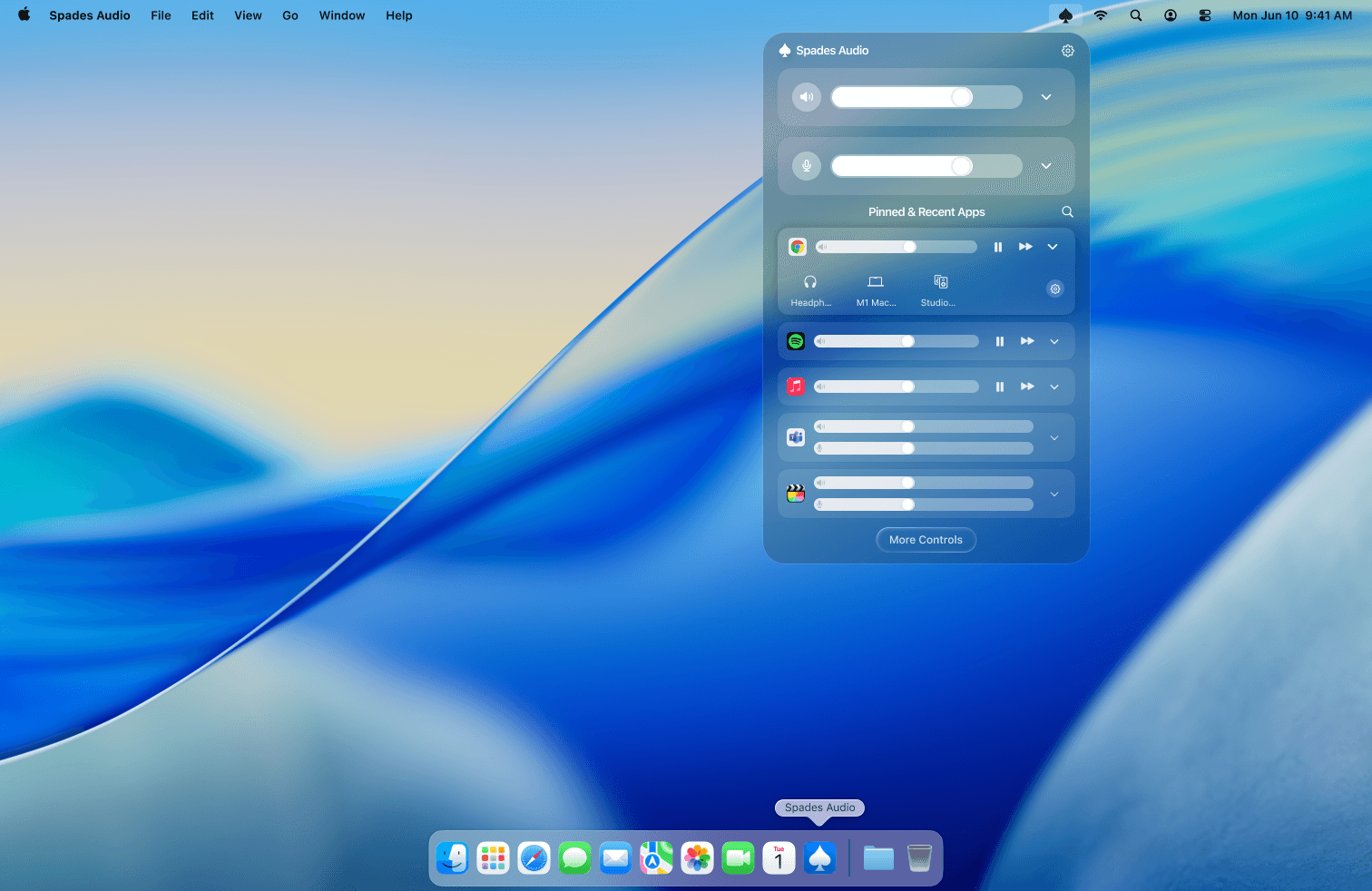 Per-app volume sliders in the menu bar popover with playback controls