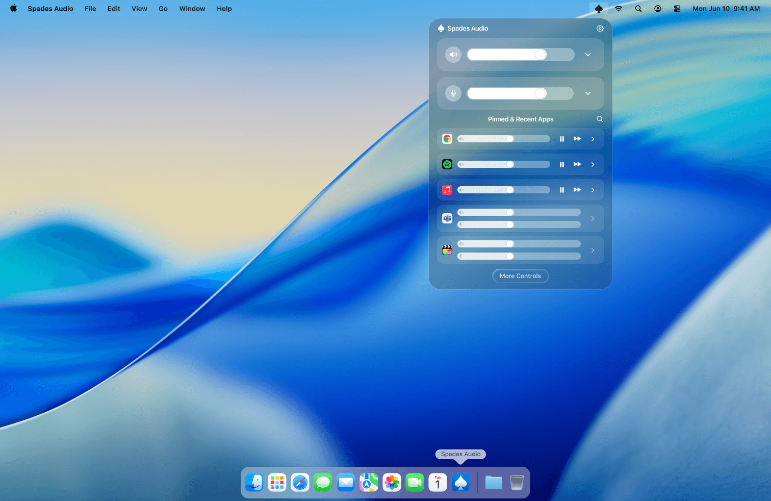 Spades Audio menu bar popover showing master sliders and per-app volume controls