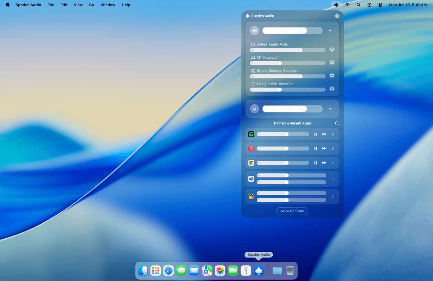 Expanded device list showing available output devices with individual volume sliders
