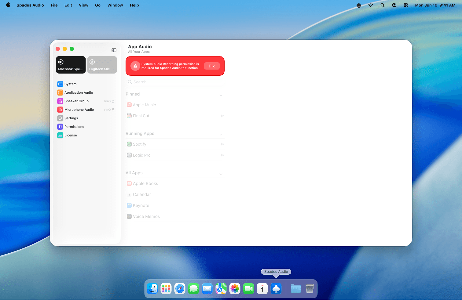Red permission error banner shown at the top of the Spades Audio window