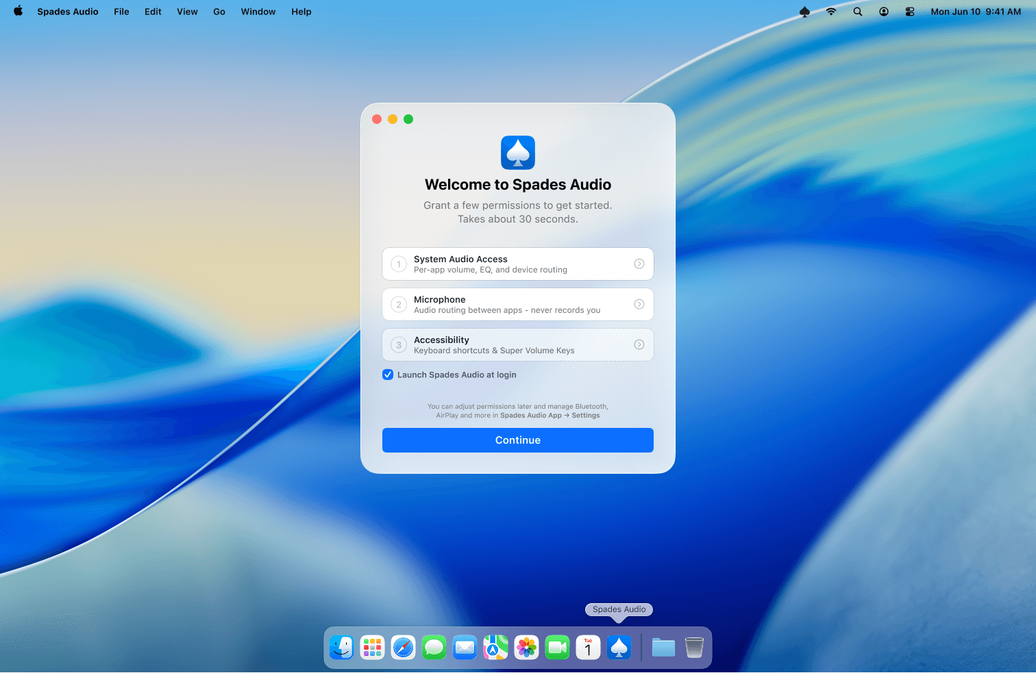 Spades Audio welcome screen showing the permissions needed to get started