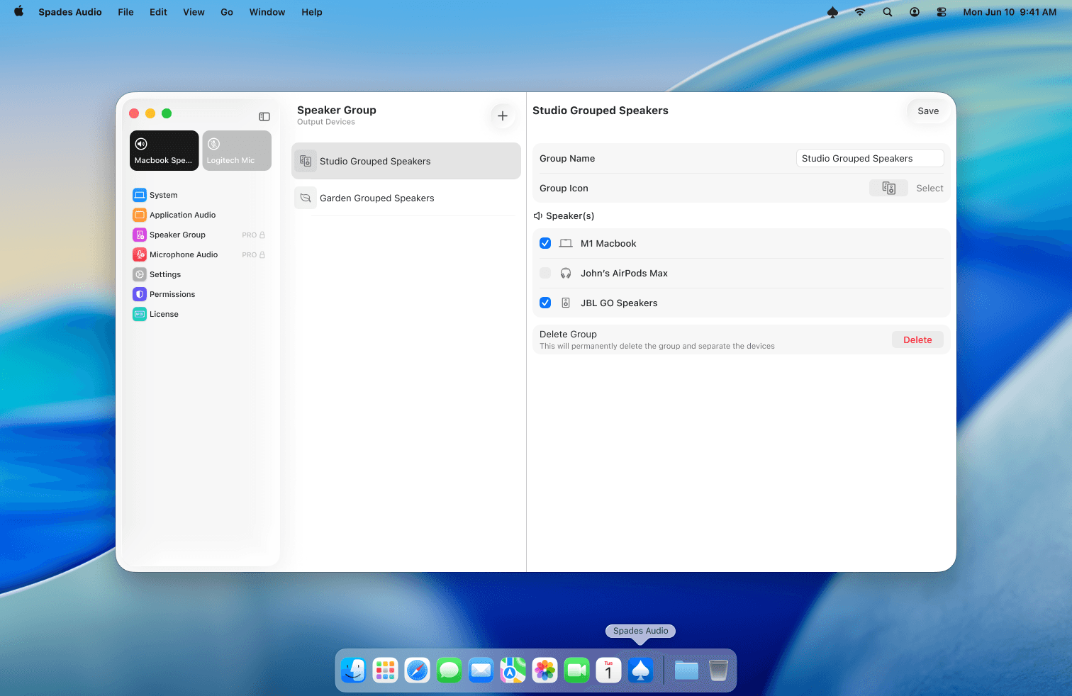 Speaker group configuration showing group name, icon selector, and device checkboxes