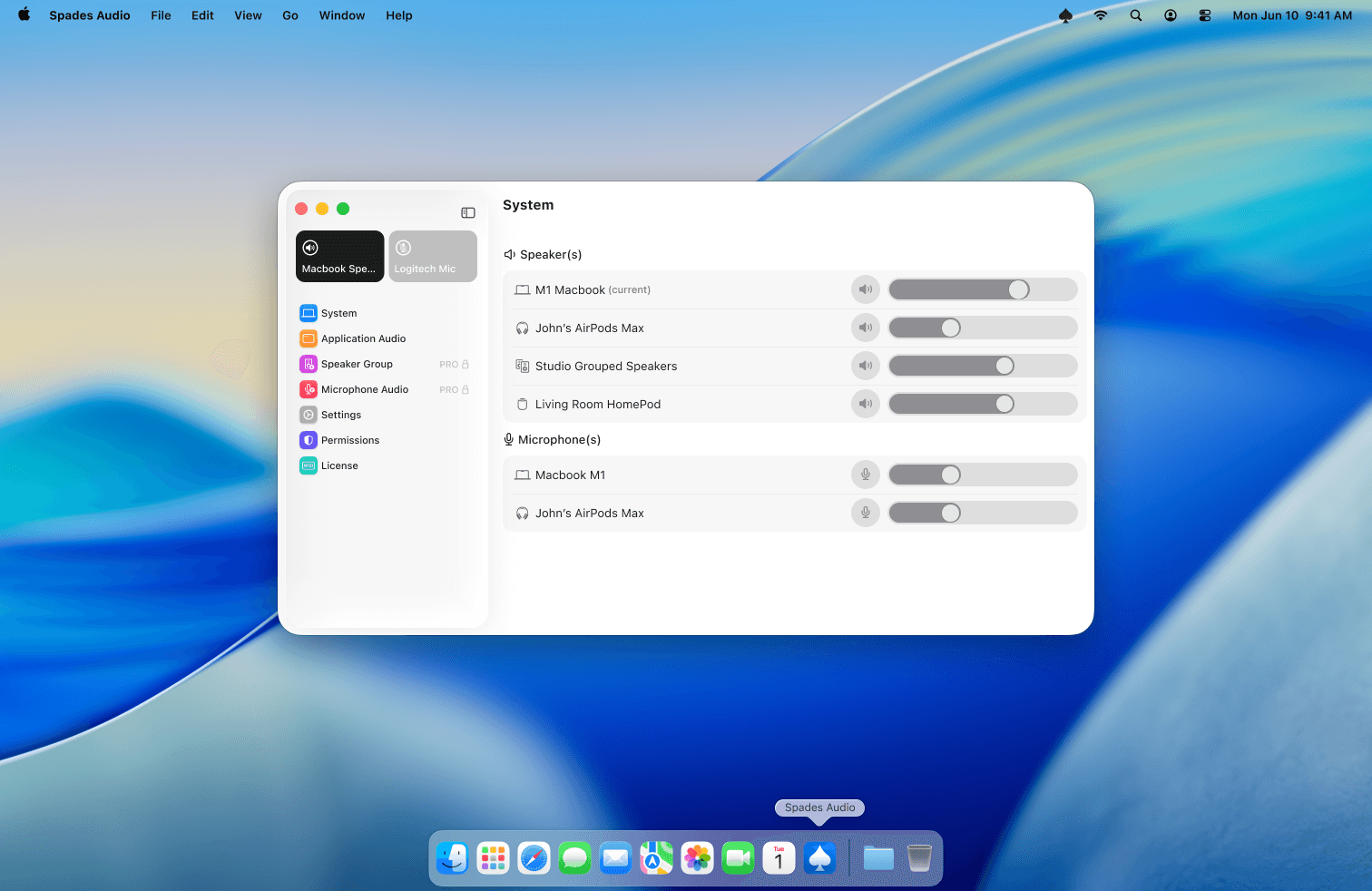 System audio devices view showing all speakers and microphones with volume controls