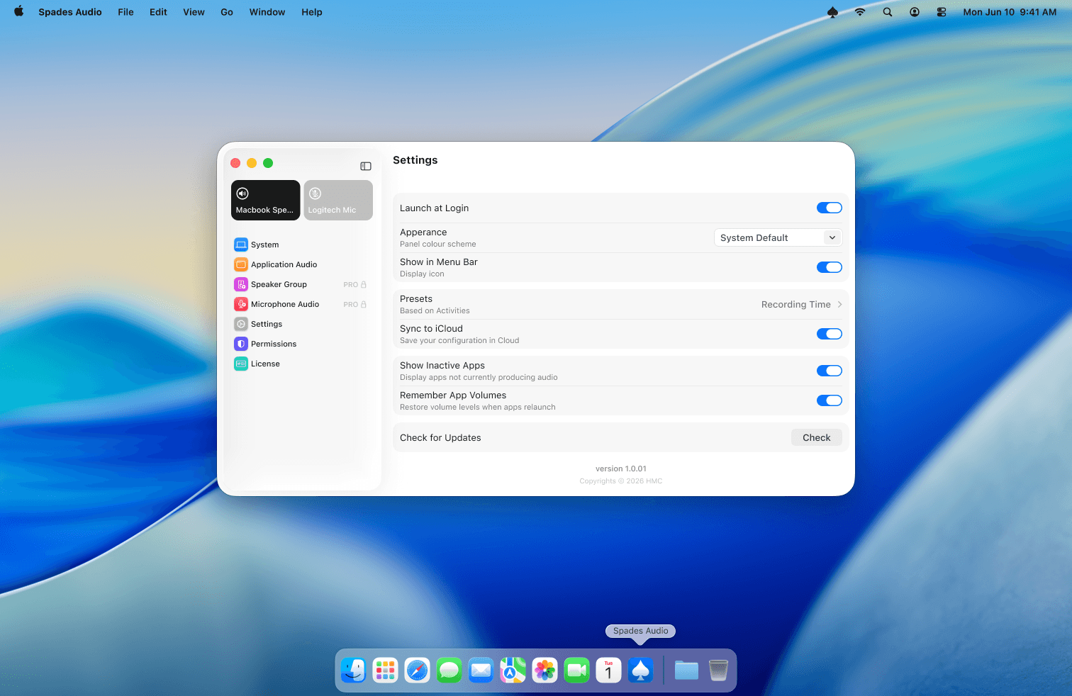 Settings panel showing launch, appearance, and preset options